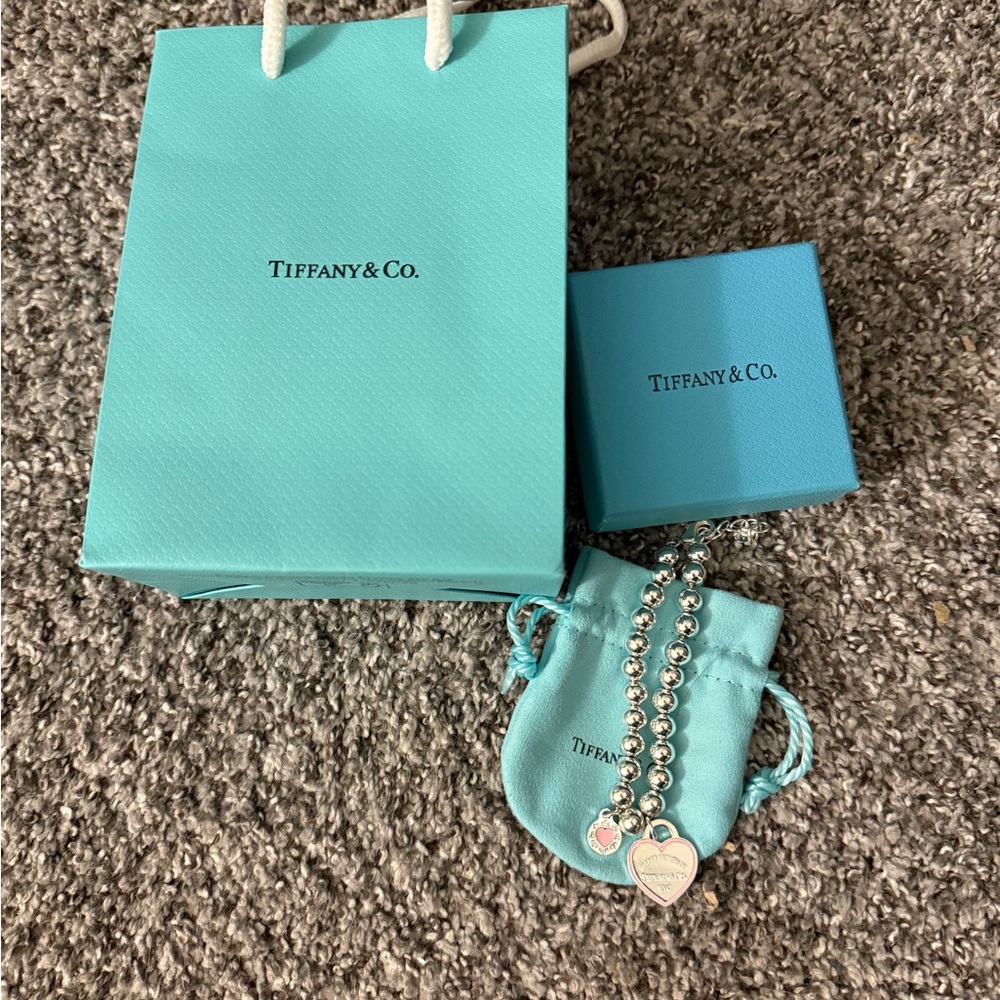 Tiffany & Co. Silver and Pink Heart Charm Bracelet